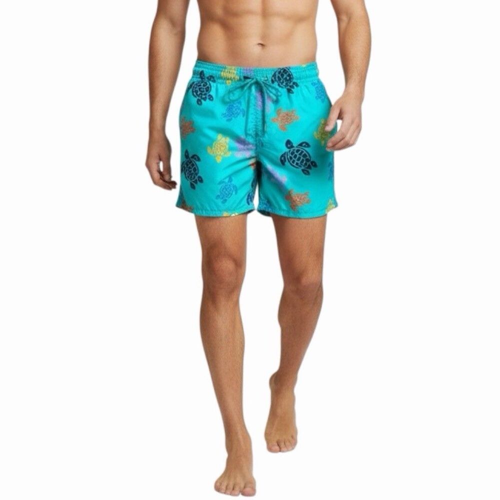 Vilebrequin Men's Swim Trunks S Turquoise Multicolor Turtle Print 4.5" Inseam